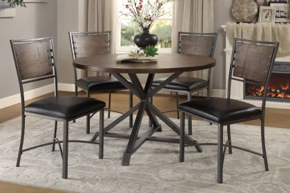 Rustic Industrial Style 5pc Dining Set Round Table and 4x Side Chairs Faux Leather Seat Metal Frame Burnished Brown Finish and Gray Metal Finish Kitch