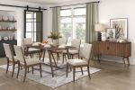 Modern Design 5pc Dining Set Table and 4x Side Chairs Fabric Upholstered Seat Back Brown Finish Wooden Dining Kitchen Furniture