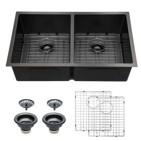 Lordear 33 Inch Undermount Kitchen Sink Double Bowl 16 Gauge Stainless Steel Gunmetal Black Sink (Design: 50/50)