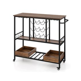 Dinning Supplies Bar Cart on Wheels with Hook & Glass Racks (Type: Kitchen Supplies, Color: Rustic Brown)